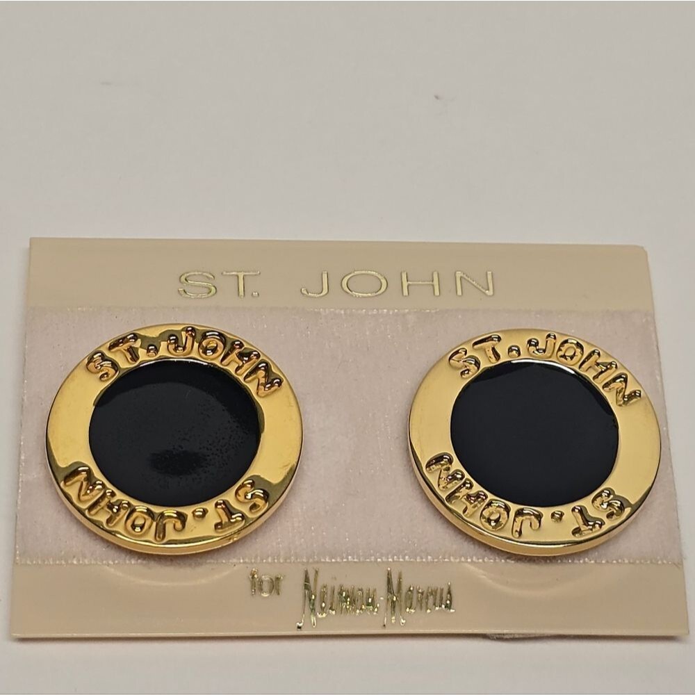 St John Gold Black Enamel Logo Circle Vintage 80s Clip On Earrings